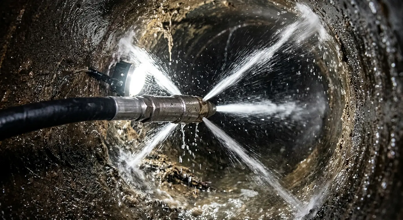 High-pressure hydro jetting nozzle cleaning sewer pipe for Sewer Cleanout in Columbus